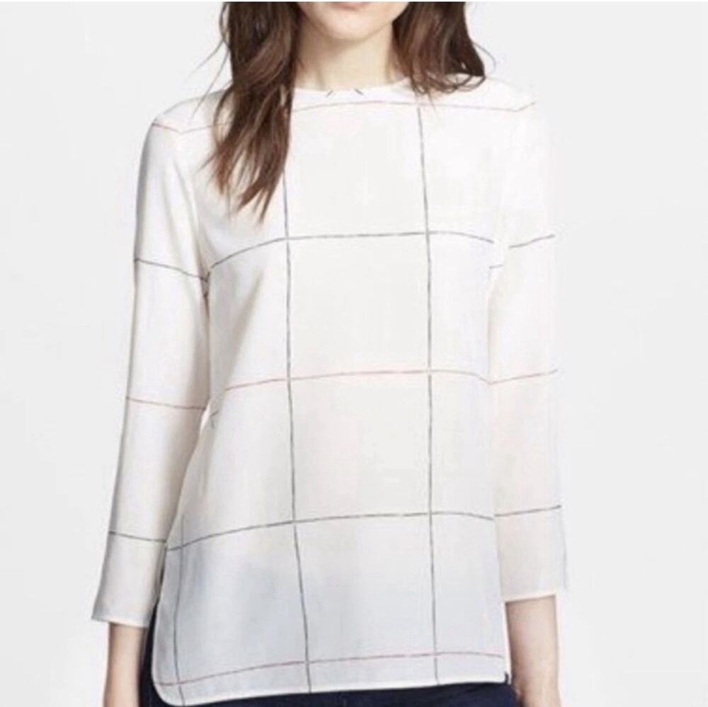 Theory Kuna Windowpane Silk Blouse Ivory Top Modern Workear